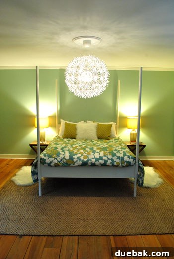 The Evolving Sanctuary 7 Master bedroom with modified Ed the Bed (posts removed) and a large jute rug