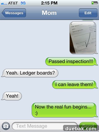 A text message conversation showing the excited announcement 'APPROVED FOOTING INSPECTION' to family.