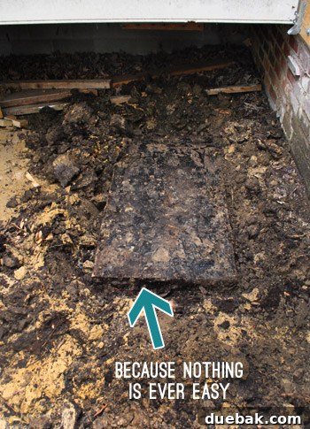Close-up of a partially dug hole with a shovel leaning against the edge, after clearing a large obstruction.