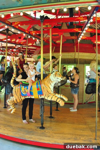 Mother and child joyfully riding a carousel