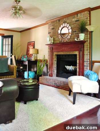 Living Room Details: Cork Lamp, Blue Accents, Target Console