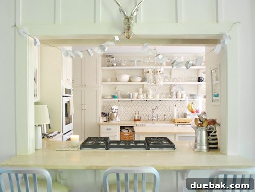 Vibrant Home Breakthrough 10 Detailed shot of the kitchen pass-through decorated with garlands and a silver deer head.