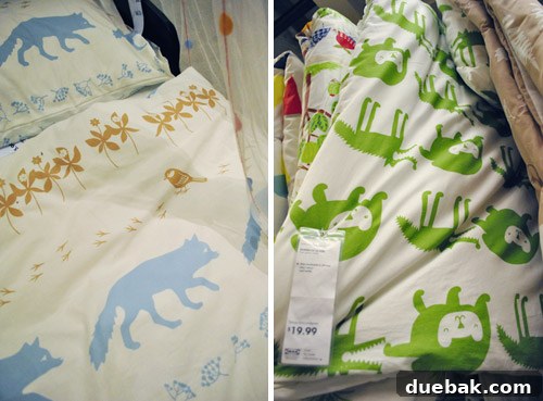 Kids' bedding designs: woodland theme duvet on left, modern green duvet on right