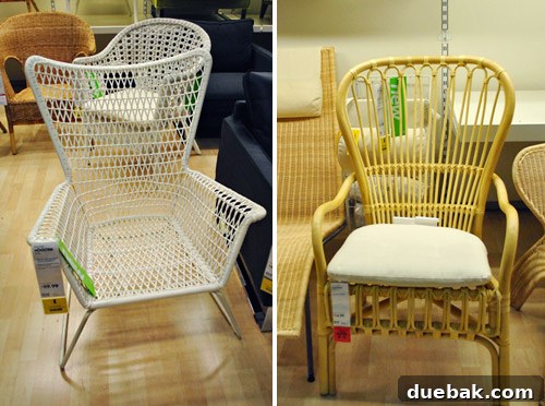 Yellow Storsele rattan chair and white Hogsten armchair, ideal for sunrooms and outdoor living