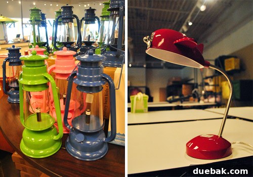 Colorful lanterns and a red airplane-shaped desk lamp in the Pottery Barn Kids section.