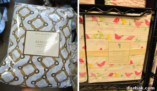 Two sets of patterned bed sheets, one abstract and one with a cute kids' design.