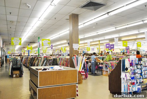 Exterior of Mary Jo's Cloth Shop, a large fabric store.