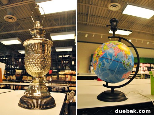 A mercury glass lamp and a globe light fixture.