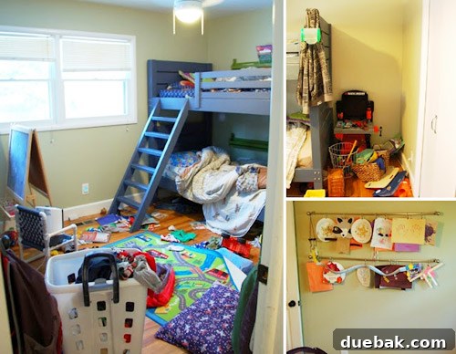Dreamy Blue Bunk Room Makeover for a Young Boy 3 Before shot of a boys' room showing a messy bed and underutilized space.