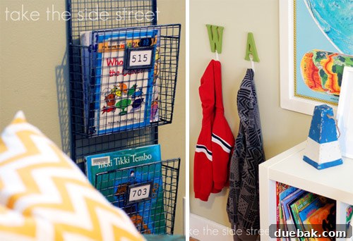 Dreamy Blue Bunk Room Makeover for a Young Boy 6 Detail shot of personalized wall hooks and a wall-mounted book rack in a boys' room.