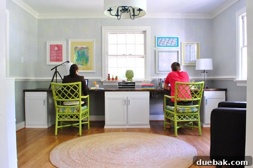 Office with neutral walls and colorful accessories