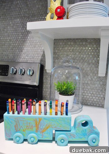 Woodland Crayon Express 4 Transformed toy truck, now colorful with a child's crayon doodles