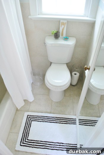 Overhead view of the tiny bathroom floor, emphasizing its small dimensions (four tiles deep, three and a half tiles wide).
