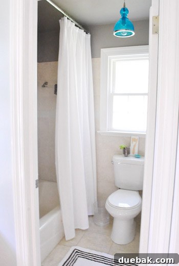 The 'after' view from the hallway, demonstrating how strategic color choices and accents have revitalized the bathroom's appearance.