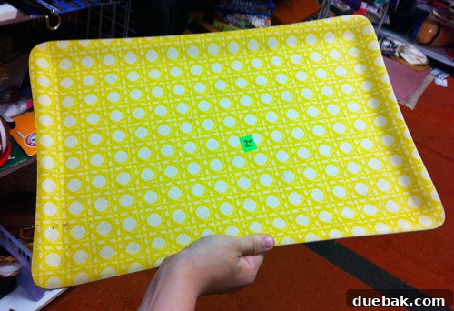 Secondhand Adventures 17 Faux-wicker yellow and white tray, purchased for $1
