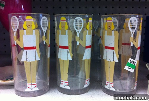 Secondhand Adventures 9 Cheeky tennis-themed glasses, priced at 45 cents each