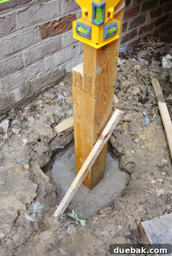Quikrete no-mix concrete setting around a deck post