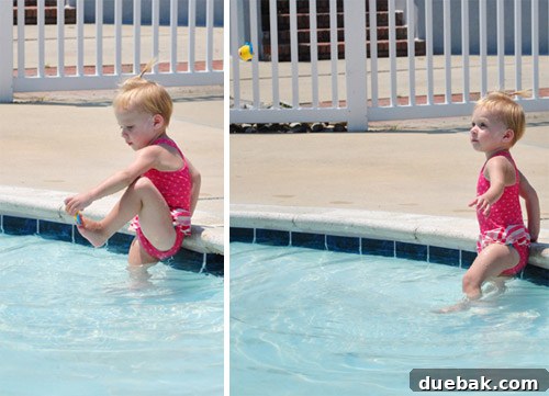 Bethany Beach Bliss: A Delaware Getaway 25 Clara attempting to flick a toy fish with her foot in the pool.