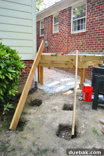 Laying the Groundwork for Your Deck 23 Two 2x10 boards used as temporary stair placeholders on the deck frame