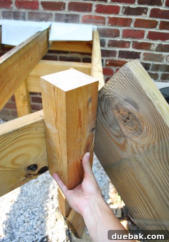 Laying the Groundwork for Your Deck 24 Marked locations for guard rail posts on the deck frame, showing the 'inside' railing concept