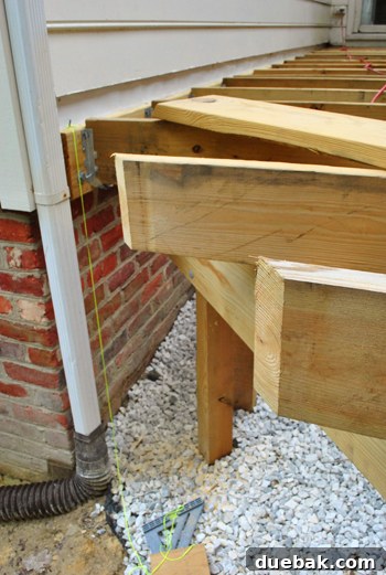 Laying the Groundwork for Your Deck 9 Two deck joists precisely cut at an angle for the band board