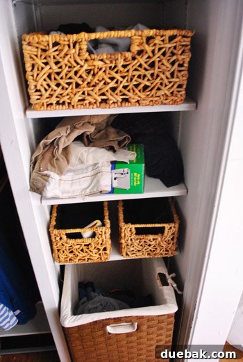 Before shot of the closet's bottom section, showing various items scattered on the floor.