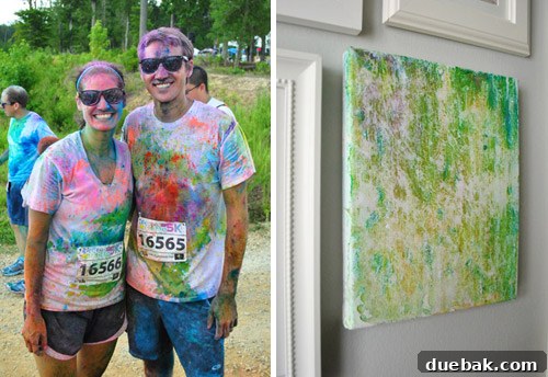 Two people covered in colorful cornstarch after a run