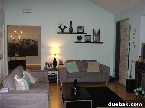 after-livingroom1 Another view of the renovated living room showing aqua walls and beechwood floors