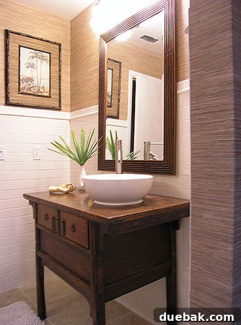 remodeled-funky-asian-bathroom-after Stunning remodeled bathroom with antique vanity and textured wallpaper