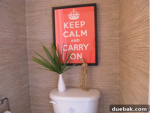 keep-calm-and-carry-on-textured-wallpaper-grasscloth-bathroom Textured wallpaper and unique decor in a beautifully renovated bathroom