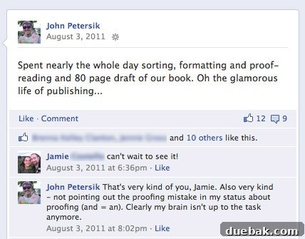 John's humorous Facebook status update about the long book writing process.