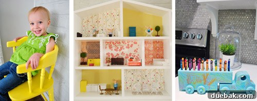 Clara's brightly colored highchair, dollhouse, and crayon truck before the hoop makeover