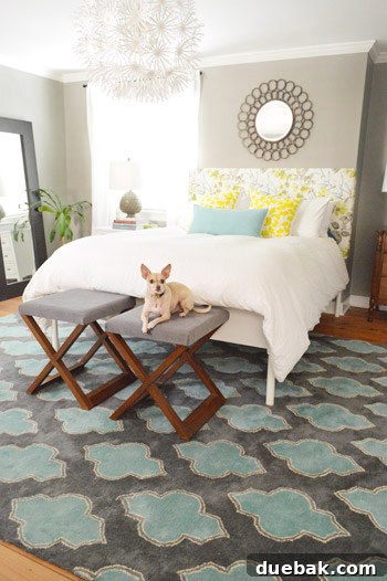 Finished DIY padded ottomans at the foot of a bed, ready for a pet