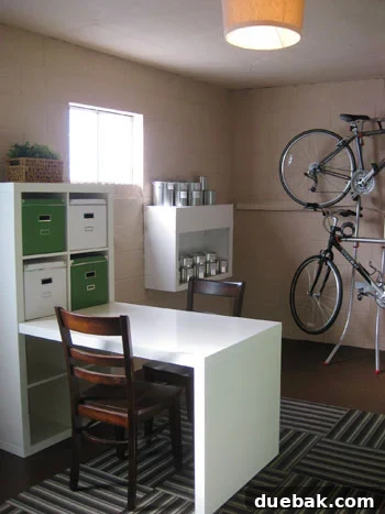 Basement With Desk and Bike Storage