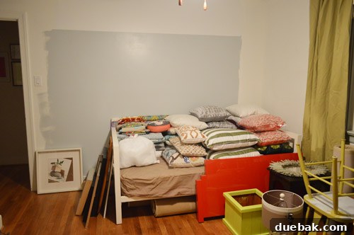 Daybed area in the playroom, still with many pillows