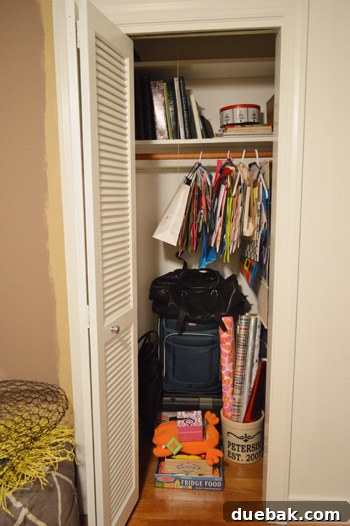 Organized closet with neatly arranged gift bags and ribbons