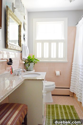 Pink tiled bathroom transformed with an ornate thrift store mirror, bright green rug, blue-gray walls, and ruffled curtain