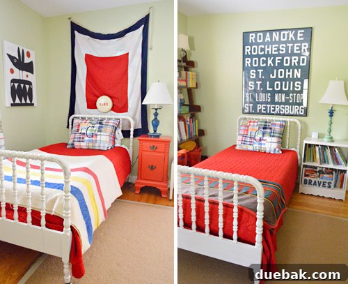 Boys' shared bedroom with matching Craigslist beds, distinct bedding, and personalized decor like a flag and vintage bus scroll