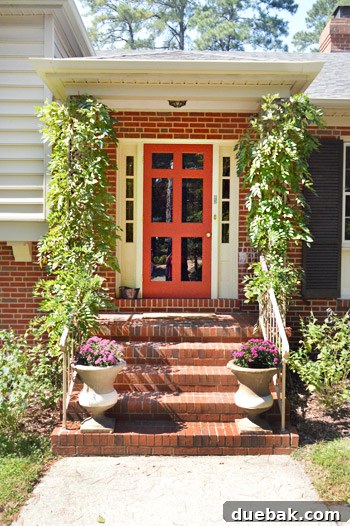 Front porch with dated iron columns beautifully covered by climbing green vines, showcasing a clever DIY solution