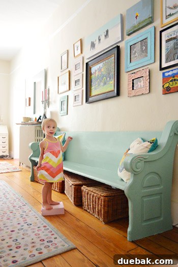 Farmhouse Drifters A Happy Country Home 3 Foyer With Frame Collage Wall and Colorful Teal Church Pew Bench