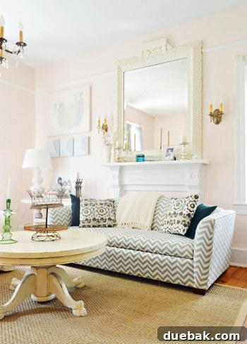 Farmhouse Drifters A Happy Country Home 7 Chevron Print Couch IN Front Of Vintage Fireplace With Oversized Mirror