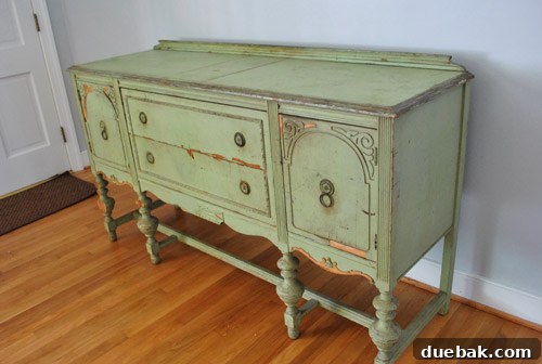 Perfectly Blending New and Existing Paint 2 Vintage buffet cabinet before restoration, showing original green color and some wear