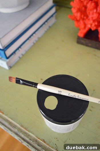 Perfectly Blending New and Existing Paint 4 Materials for buffet restoration: a small craft brush and a paint test pot