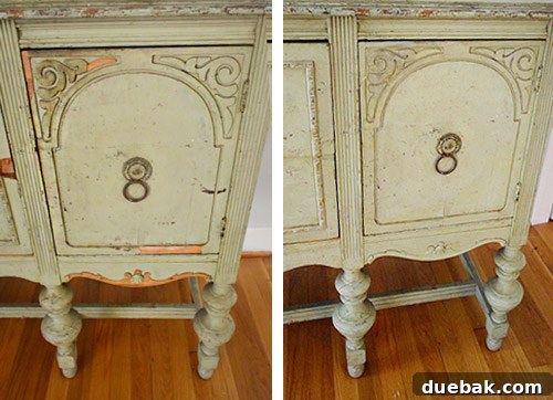 Perfectly Blending New and Existing Paint 7 Close-up comparison of a damaged area on the buffet, before and after restoration