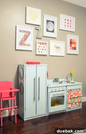 An amazing DIY play kitchen in a child's bedroom, crafted with attention to detail