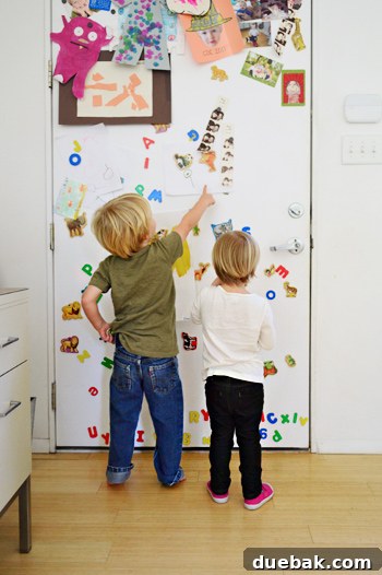 Roommates By Blood 16 Magnetic back of the front door displaying kids' art and magnets