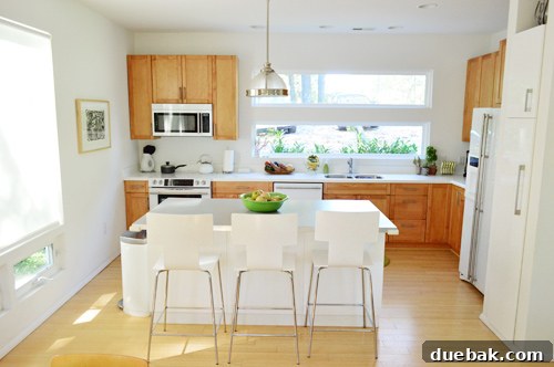 Roommates By Blood 7 Modern kitchen with wood cabinets and sleek white appliances