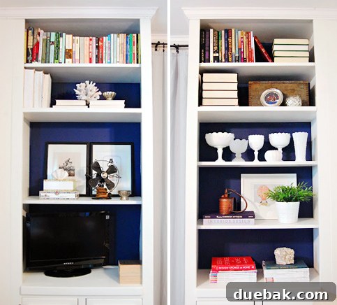A closer look at the styled built-ins with various decor items and books