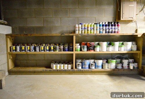 Organized paint cans on shelf with tiered system