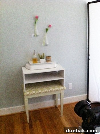 A DIY bathroom scene staged in a playroom using a toilet tank top on a shelf.